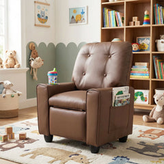 Kids Recliner with Cup Holder & Armrests and Adjustable Backrest Footrest-Brown