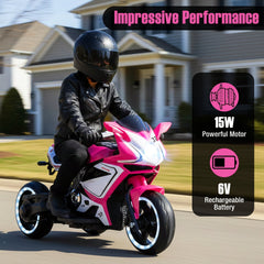 6V 3 Wheel Kids Ride On Sportsbike with Soft Start, Contoured Seat and LED Headlight, Pink