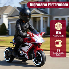 6V 3 Wheel Kids Ride On Sportsbike with All Terrain Wheels and 15 Degree Climbing Claim, Red