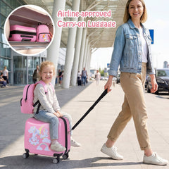 Kids Ride-on Suitcase and Backpack Set with Lanyard for Travel-Pink