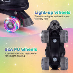 Kids Roller Skates for Girls Boys 4 Sizes Adjustable Quad Skates with Light-up Wheels-Black