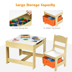 3 Piece Kids Table and 2 Chair Set with Reversible Whiteboard and Blackboard Top, Natural
