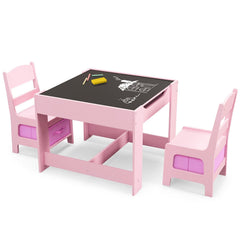 3 Piece Kids Table and 2 Chair Set with Reversible Board Top and Storage, Pink