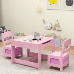 3 Piece Kids Table and 2 Chair Set with Reversible Board Top and Storage, Pink