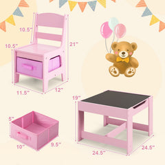 3 Piece Kids Table and 2 Chair Set with Reversible Board Top and Storage, Pink