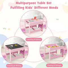 3 Piece Kids Table and 2 Chair Set with Reversible Board Top and Storage, Pink