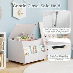 Wooden Mobile Toy Storage Organizer with Bookshelf and Lockable Wheels-White