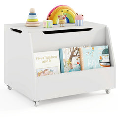 Wooden Mobile Toy Storage Organizer with Bookshelf and Lockable Wheels-White