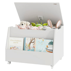 Wooden Mobile Toy Storage Organizer with Bookshelf and Lockable Wheels-White