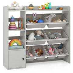 Kids Toy Storage and Bookshelf with Open Shelves and Single-door Cabinet-Gray
