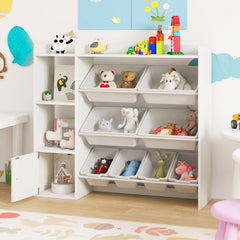 Kids Toy Storage and Bookshelf with Open Shelves and Single-door Cabinet-White