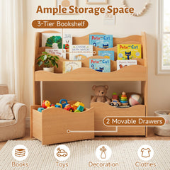 Kids Toy Wooden Storage Organizer with 2 Rolling Drawers for Kids Room-Natrual
