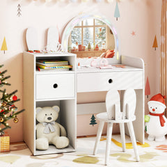Kids Vanity Desk and Chair Set with Lights, Open Shelves-White