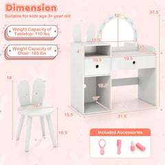 Kids Vanity Desk and Chair Set with Lights, Open Shelves-White