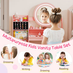 Kids Vanity Desk with Mirror and Lights Princess Pretend Play Dressing Table and Chair Set-Pink
