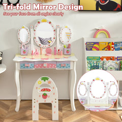 Kids Vanity Princess Makeup Dressing Table Chair Set with Tri-fold Mirror-White