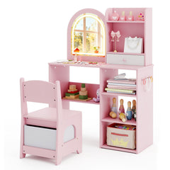 Kids Vanity Set Princess Girls Makeup Vanity Desk with Chair and 3-Color LED Lighted Mirror-Pink