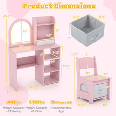 Kids Vanity Set Princess Girls Makeup Vanity Desk with Chair and 3-Color LED Lighted Mirror-Pink