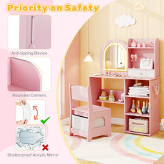 Kids Vanity Set Princess Girls Makeup Vanity Desk with Chair and 3-Color LED Lighted Mirror-Pink