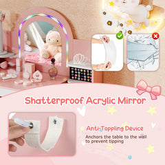 Kids Vanity Set with Colorful LED Lights Princess Makeup Dressing Table with Chair-Pink