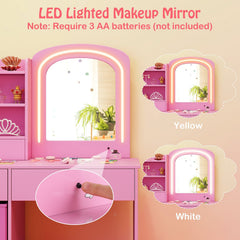 Kids Vanity Set with Lighted Mirror Makeup Desk and Chair Set with Drawers-Pink