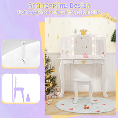 Kids Vanity Set with Tri-fold Lighted Mirror Detachable Top and Stool-White