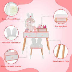 Kids Vanity Table and Chair Set with Drawer Shelf and Rabbit Mirror-White