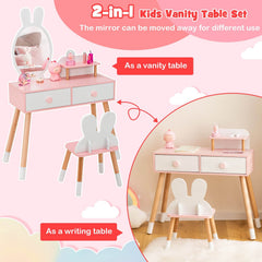 Kids Vanity Table and Chair Set with Drawer Shelf and Rabbit Mirror-White