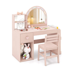 Kids Vanity Table and Chair Set with Lighted Mirror for Kids Aged 3+ Years Old-Pink