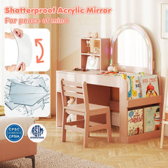 Kids Vanity Table and Chair Set with Lighted Mirror for Kids Aged 3+ Years Old-Pink