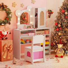 Kids Vanity with Lights and 5 Drawers for Kids Aged 3+ Years Old-White