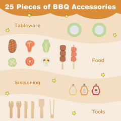 Kids Wooden Barbecue Grill Playset Pretend Kitchen with Food and Wheels-Natural