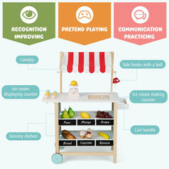 Wooden Ice Cream Cart for Kids with Chalkboard Shelves, Scale, Bell and Wheels