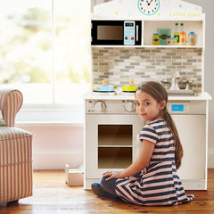 Beige Wooden Play Kitchen for Kids with Clock, Brick Splashback and Cupboard