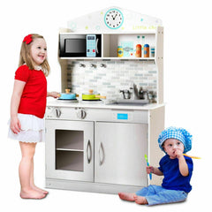 Beige Wooden Play Kitchen for Kids with Clock, Brick Splashback and Cupboard