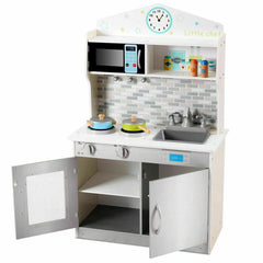 Beige Wooden Play Kitchen for Kids with Clock, Brick Splashback and Cupboard