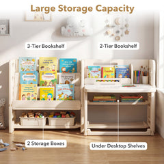 Kids Writing Desk and Chair Set with Side Bookshelves-White
