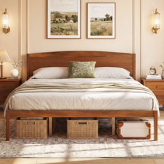 King Size Wooden Platform Bed Frame with Curved Headboard-Walnut