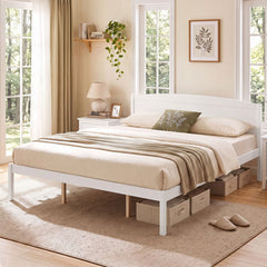 King Size Wooden Platform Bed Frame with Curved Headboard-White