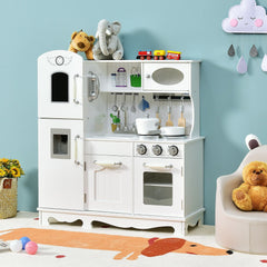 White Wooden Play Kitchen with Fridge, Water Dispenser, Blackboard and Cookware