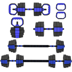 6-in-1 Adjustable Dumbbell Set, Used as Kettlebell, Barbell, Dumbbell, Push-Up Stand, 44lbs Free Weights Set, Blue