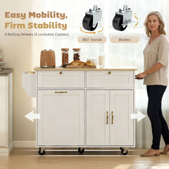 Kitchen Island Cart with Charging Station and Drop Leaf, Kitchen Island Table on Wheels with Trash Can Cabinet, Black