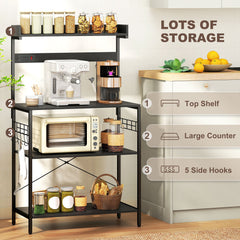 Kitchen Baker's Rack with Power Outlet, Coffee Bar Station with Adjustable Shelves and Hooks, Distressed Grey