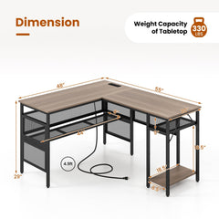 L-Shaped Computer Desk with Charging Station and Adjustable Shelf-Gray