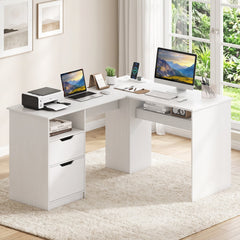 L-Shaped Computer Desk with Letter File Drawer-White