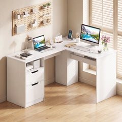 L-Shaped Computer Desk with Letter File Drawer-White