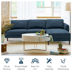 104 in L Shaped Sectional Sofa in Navy with 46 in Chaise, Serpentine Springs and Tool Free Assembly