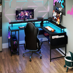 L-Shaped Gaming Desk with LED Lights and Power Outlets Home Office Computer Desk-Black