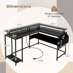 L-Shaped Gaming Desk with LED Lights and Power Outlets Home Office Computer Desk-Black