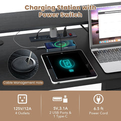 L-Shaped Gaming Desk with LED Lights and Power Outlets Home Office Computer Desk-Black